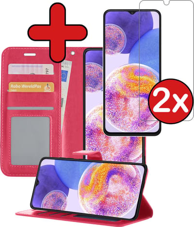 Hoesje - Met 2x Screenprotector - Geschikt voor Samsung Galaxy A23 - Luxe Pasjeshouder - Flip Case - Bookcase Portemonee - Kunstleer Book Case - Flipcase Hoes - Book Cover - Walletcase - Portemonneehoes - Telefoonhoes - Donkerroze