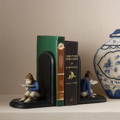 Boekensteun lezende aapjes s/2 14x13,5x20cm