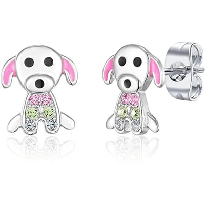 Huitan schattige roze oorknopjes met hondenmotief voor meisjes, geschikt voor dagelijks gebruik, modieuze oorbellen met dierenprint, delicate sieraden, ideaal als verjaardagscadeau voor vrouwen. white