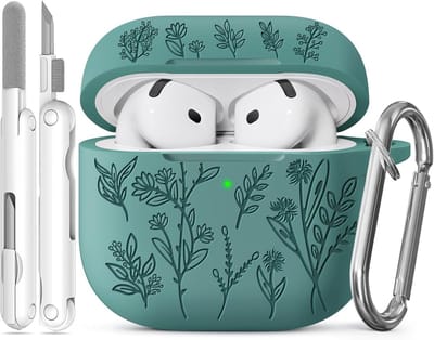 SnelShoppen - Cute Grass Print AirPods 4 Case (Groen) | Laser Gegraveerde Silicone Bescherming Inclusief Schoonmaakset en Sleutelhanger
