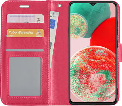 Hoesje - Met Pasjeshouder - Geschikt voor Samsung Galaxy A23 - Luxe Bookcase Portemonee - Flip Case - Kunstleer Book Case - Flipcase - Book Cover - Walletcase - Portemonneehoes - Donkerroze