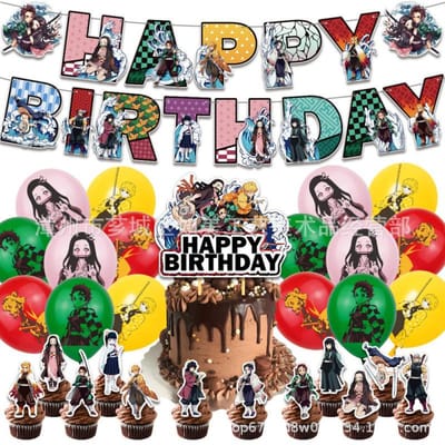 Demon Slayer Verjaardagspartij Decoratie Collectie Gelukkige Verjaardag Banner Taart Toppers Latex Ballonnen Voor Anime Fans Kinderfeest Benodigdheden