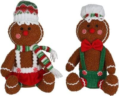 Viv! Christmas Kerstbeeld - Zittende Gingerbread Pop van Stof - set van 2 - bruin rood groen - 36cm