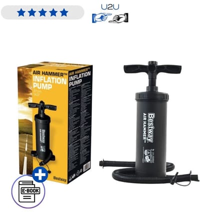 Bestway Handpomp 37 cm 62086 - Dubbelwerkende Luchtpomp Voor Luchtbed Zwemband En Opblaasbaar Speelgoed - Inclusief 3 Opzetstukken En Flexibele Slang Compact Reisformaat Met Ebook