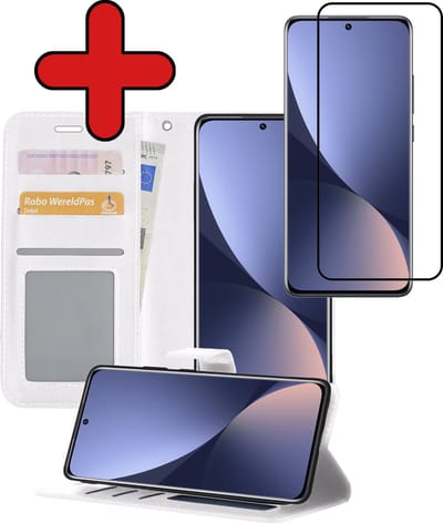 Hoesje - Met Screenprotector - Geschikt voor Xiaomi 12X - Luxe Pasjeshouder - Flipcase - Bookcase Portemonee - Flip Case - Kunstleer Book Case - Book Cover - Walletcase - Portemonneehoes - Telefoonhoes - Wit