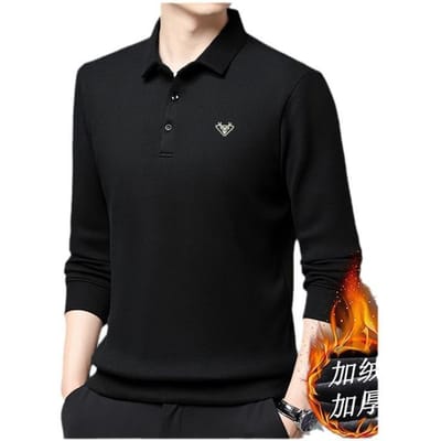 Herfst en Winter Nieuwe Heren Casual T-shirt met Lange Mouwen Middenleeftijd Losse Revers Top Plus Velvet Verdikte Poloshirt 4XL black