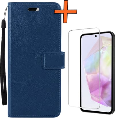 Hoes - Met Screenprotector - Geschikt voor Samsung Galaxy A35 - Luxe Pasjeshouder - Bookcase Portemonee - Flip Case - Kunstleer Book Case - Flipcase - Book Cover - Walletcase - PortemonneeHoes - Donkerblauw