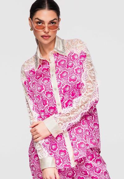 OMBRE Overhemd - Loose Fit - Lange Mouw - Knopen Fuchsia S/M