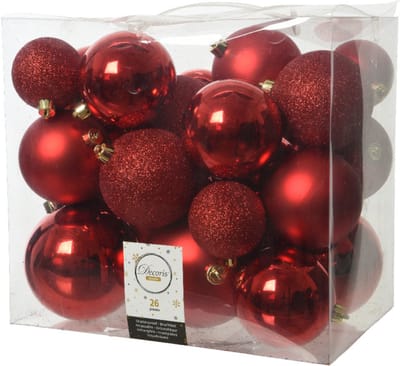 Decoris Kerstballen - 26x st - rood - 6-8-10 cm - kunststof - kerstversiering