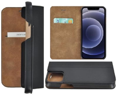 Geschikt voor iPhone 12 Pro Max hoesje - Bookcase - Portemonnee Hoes Ultra dun Echt leer Wallet case Zwart