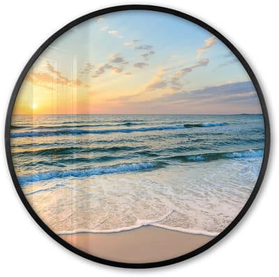 Poster in lijst Rond - Fotolijst 60x60 cm - Posters - Strand - Zee - Zonsondergang - Golf - Ronde posterlijst zwart - Decoratie - Wanddecoratie woonkamer - Muurdecoratie slaapkamer