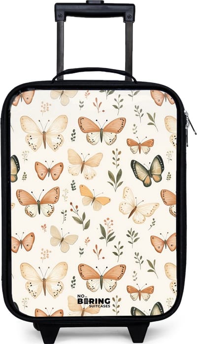 NoBoringSuitcases.com® - Kinderkoffer jongen - Kindertrolley meisje - Vlinders in beige en oranjetinten tussen groene blaadjes - Koffer kind lichtgewicht - Reiskoffer trolley voor kinderen - Koffertje met lichtgevende wieltjes - Rolkoffer zwart