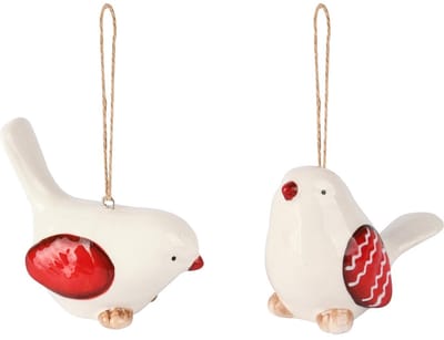 Dekoratief | Hanger vogeltje, wit/rood, dolomiet, 8x4x6cm, set van 2 stuks | A255365