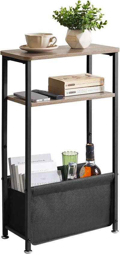 Narrow Side Table met Opbergbak, Kleine Bijzettafel 40 x 20 x 66 cm, Perfect voor Slaapkamer en Woonkamer, Lichtgrijs en Ruimtebesparend Design