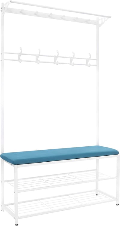 Kapstok met bank - Kledingrek - Schoenenrek - Voor kledingopslag en schoenen - Multifunctioneel - Met haken en bankje - Blauw