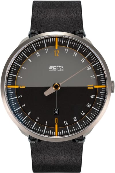 BOTTA Horloge UNO 24 Automatisch 24-uurs – Eenwijzer – Zwart/Oranje – Zwart Leren Band – 45 mm
