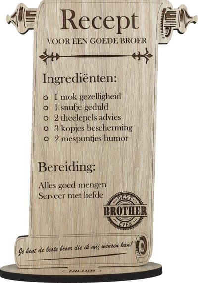 Recept broer - houten wenskaart - kaart van hout om je broer te bedanken - bro - gepersonaliseerd - 17.5 x 25 cm