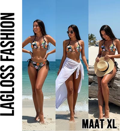 LaGloss® 2-delig Dames Bikini Set Zwart met All-over Bloemenprint - Haltertop en Strikbroekje – Strandmode – Beach fashion – Maat XL