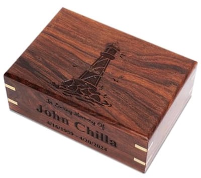 Gepersonaliseerde palissander urn voor as van mens of huisdier - Houten gegraveerde crematie urn met licht huis thema