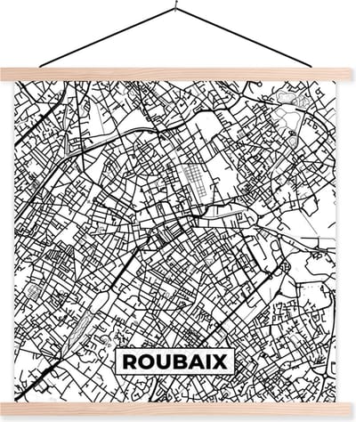 Posterhanger incl. Poster 40x40 cm - Schoolplaat - Kaart - Stadskaart - Roubaix - Frankrijk - Plattegrond - Zwart wit - Textielposter - Blanke latten - Stadskaart