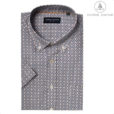 Chris Cayne heren overhemd - M - korte mouw - borstzak - donkerblauw/camel - geprint dessin - 100 % Katoen - borstzak