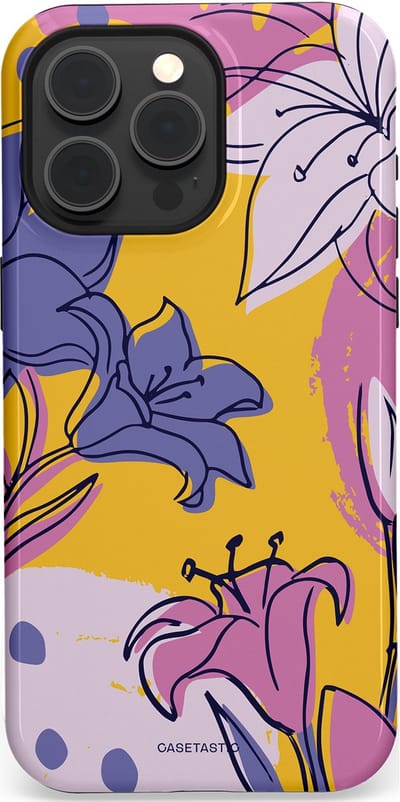 Casetastic Hoesje Geschikt voor Apple iPhone 15 Pro Max Magsafe - Stijlvolle Beschermende Duo-layer Case - Paarse Lelie Kunst