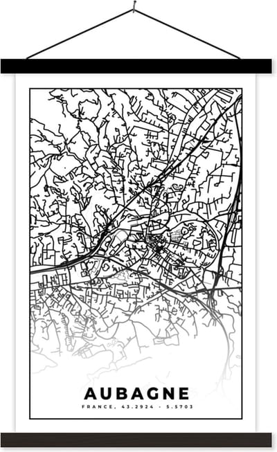 Posterhanger incl. Poster 40x60 cm - Schoolplaat - Plattegrond - Kaart - Frankrijk - Stadskaart - Aubagne - Zwart wit - Textielposter - Zwarte latten - Stadskaart