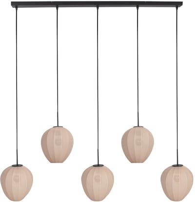Hanglamp Silura 4288ZW – Trendy 5-lichts balk van metaal en textiel in zwart met crème linnen kapjes, hoogte instelbaar, merk Mexlite, geschikt voor binnengebruik