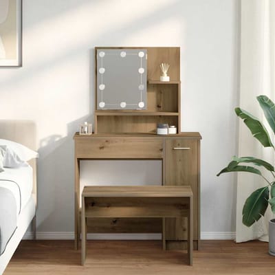 vidaXL - Kaptafelset - met - LED-verlichting - bewerkt - hout - artisanaal - eiken