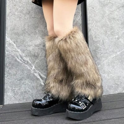1 Paar Bruine Effen Kleur Faux Fur Beenwarmers, Y2K Stijl, Alle Seizoenen 40cm gray
