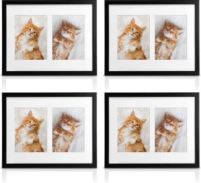 bomoe fotolijsten set van 4 - houten fotolijst met passepartout houten frame en plastic glas & metalen ophanging lijst voor foto's 4 x 2 foto's - zwart - Galeria