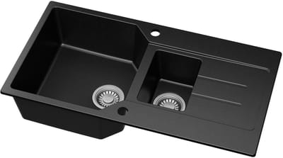 Anycee max Spoelbak Keuken 86x45CM - 1.5 Granieten Spoelbakken Keuken - Primaire en Tweede Bak - Met Afdruiprek en Waterafvoersysteem - Zwart