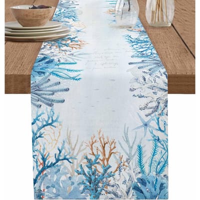 Kust Blauw Koraal Octopus Zeester Linnen Tafelkleed Huis Tafeldecoratie Herbruikbaar Keuken Eettafelkleed Vakantiefeest Decoratie 150x33cm gray