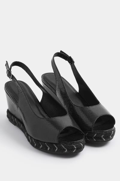 Yours Zwarte Imitatieleren Sandalen Met Slangentextuur En Sleehak In Brede Pasvorm Esize 37EEE