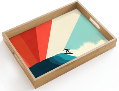 Dienblad hout 40x30 cm - Schootdienblad - Surfer - Abstract - Golven - Zonnestralen - Borrelplank rechthoek - Plateau dienbladen