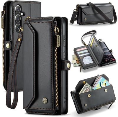 CaseMe C36 Hoesje Geschikt voor Samsung Galaxy S25 FE | Wallet Zipper Book Case met Pasjeshouder | Portemonnee Beschermhoes | met Schouder Strap | Zwart