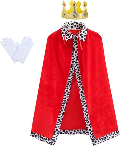 Volledige Koningin Kostuum voor Volwassenen, 3-delig Kostuum met Rode Koeienpatroon, Inclusief Mantel van 120 cm, Strik, Verstelbare Kroon en Elastische Witte Handschoenen