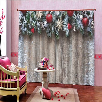 Rode Kerstbal Boom Licht Gelukkig Nieuwjaar Raamgordijnen Jaloezieën voor Woonkamer Kinderkamer Keukendeur Huisdecoratie 2 Stuks W50 X H130(CM)X2&Grommet Top