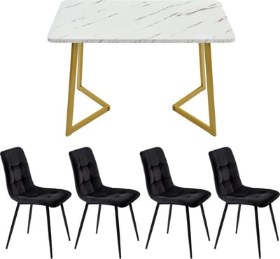 Merax 117 cm Eettafel Set met 4 Stoelen - Moderne Witte Keukentafel met Gouden Poten en Zwarte Eetkamerstoelen