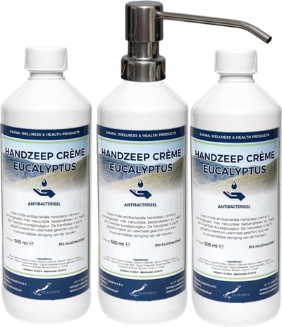 Handzeep Crème Eucalyptus 500 ml - set van 3 stuks - met gratis RVS zilverkleurige pomp - Voordeelverpakking