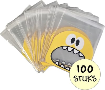 100x Cellofaan Zakjes - 100 Stuks Transparante Uitdeelzakjes - Cellofaan Plastic Traktatie Kado Zakjes - Snoepzakjes - Monster - 10x10 cm - 100 Stuks - Geel
