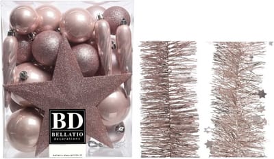 Kerstversiering kunststof kerstballen 5-6-8 cm met ster piek en folieslingers pakket lichtroze van 35x stuks - Kerstboomversiering