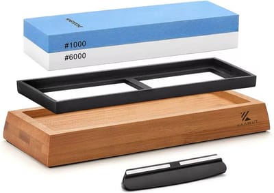 KAAMUT® Professionele Dubbelzijdige Slijpsteen 1000/6000 – Witte Korund – Met Bamboe Houder – Luxe Geschenkverpakking