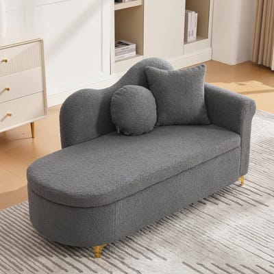 Wishdor - Chaise Longue Met Opbergruimte - Golvende Rugleuning En Inclusief 2 Kussens - Modern Ontwerp Voor De Woonkamer - Teddypluche - Antiekgrijs - 134 X 64 X 70 Cm