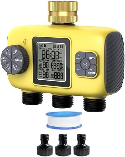 Tuin Water Timer - Irrigatie Controller - Planten Water Geven - Messing Inlaat - 3 Uitgangen - Geel