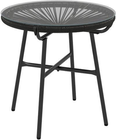 Ronde Boho Tuin Bijzettafel 50x50 cm - Rattan Salontafel met Glazen Blad en Stalen Frame voor Terras, Balkon en Veranda, Zwart