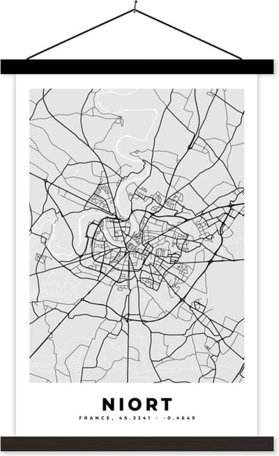 Posterhanger incl. Poster 40x60 cm - Schoolplaat - Frankrijk - Niort - Stadskaart - Plattegrond - Kaart - Textielposter - Zwarte latten - Stadskaart