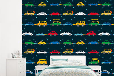Behang - Fotobehang Patronen - Auto - Ruimte - Kind - Jongens - Kinderen - Kids - Breedte 315 cm x hoogte 260 cm
