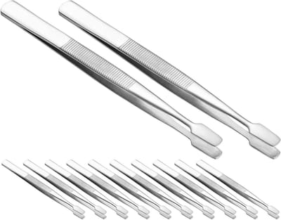 Roestvrijstalen Pincetten - Precisie Tangen - Hobby Werk - Platte Brede Punt - 12 Stuks - Zilver