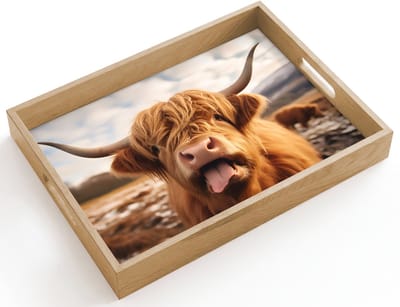 Dienblad hout 40x30 cm - Schootdienblad - Schotse hooglander - Tong - Hoorns - Borrelplank rechthoek - Plateau dienbladen